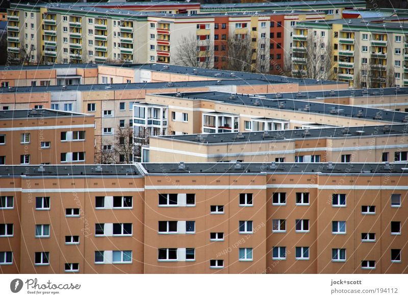 ordentlich schöner wohnen im Wohnblock Winter Stadtrand Plattenbau Fassade Flachdach authentisch eckig kalt modern trist Zusammensein Ordnungsliebe komplex