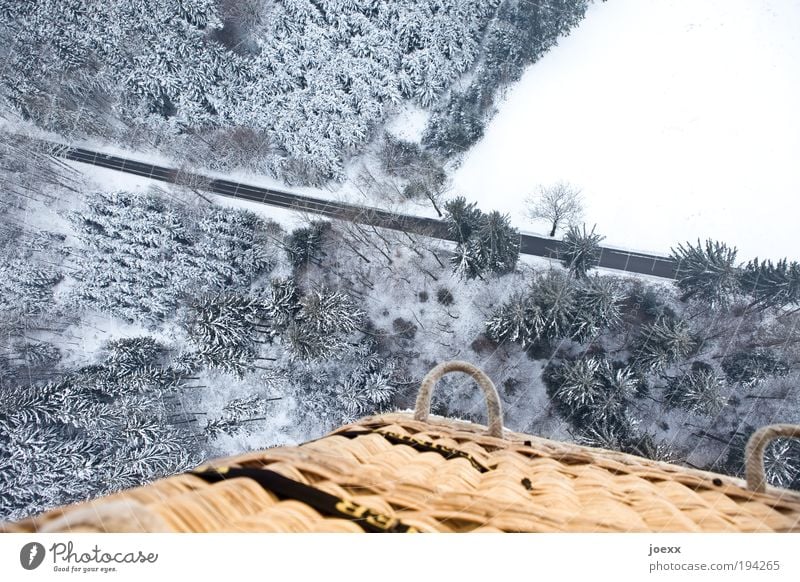 Schwindel Natur Landschaft Winter Eis Frost Schnee Wald Straße Luftverkehr Ballone fahren kalt oben unten ruhig Freude Vogelperspektive Ballonfahrt Korb hoch