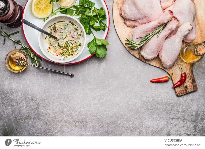 Hähnchenschenkel mit Olivenöl, Honig, Kräutern und Zitrone Lebensmittel Fleisch Gemüse Kräuter & Gewürze Öl Ernährung Mittagessen Abendessen Picknick