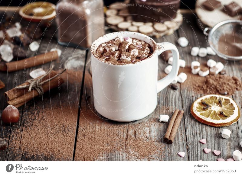 Cup mit Beve und Marshmallow mit Kakaopulver bestreut Frucht Dessert Kräuter & Gewürze Getränk Heißgetränk Becher Tisch Holz Glas alt frisch heiß lecker