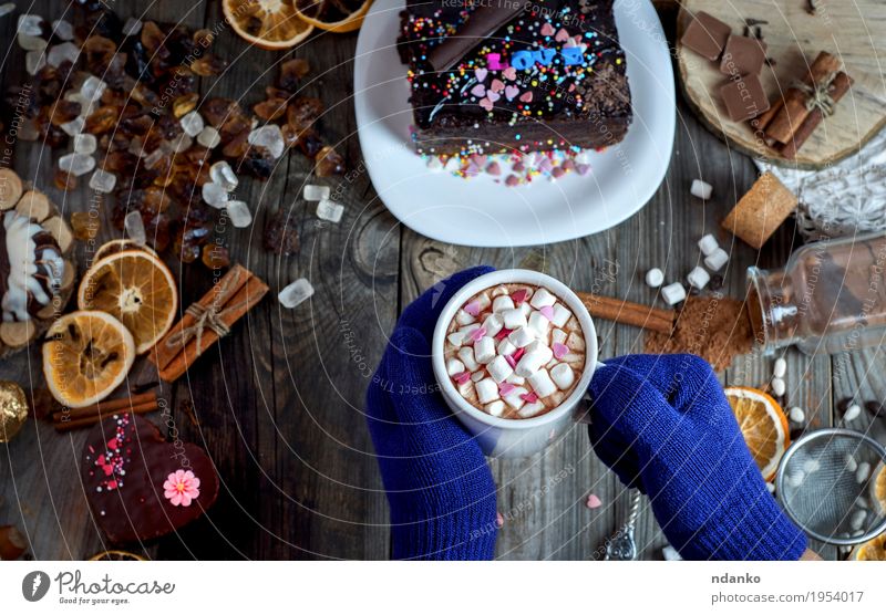 Paar weibliche Hände mit den blauen Handschuhen, die einen Becher halten Frucht Orange Dessert Kräuter & Gewürze Frühstück Getränk Heißgetränk Kakao Kaffee