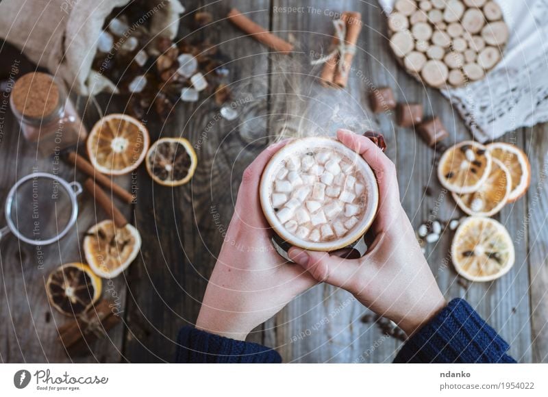 Frauenhände halten eine Tasse heißes Getränk Frucht Dessert Süßwaren Frühstück Kaffeetrinken Kakao Becher Dekoration & Verzierung Tisch Erwachsene Arme Hand 1