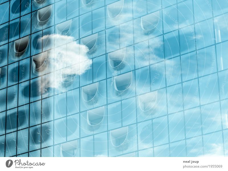 Reflektion einer einzelnen weißen Wolke in der blauen Glasfassade der Elbphilharmonie Ferne Himmel Wolken Hamburg Sehenswürdigkeit Wahrzeichen träumen