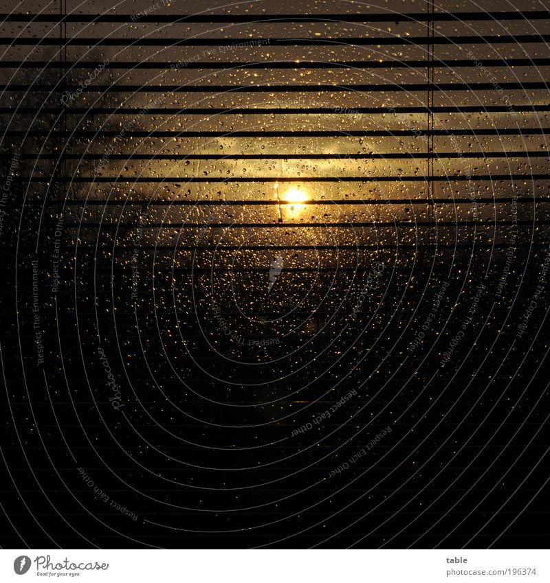 Der Untergang Wohnung Natur Wassertropfen Himmel Horizont Sonnenlicht Schönes Wetter schlechtes Wetter Regen Fenster Jalousie Glas Metall glänzend dunkel gelb