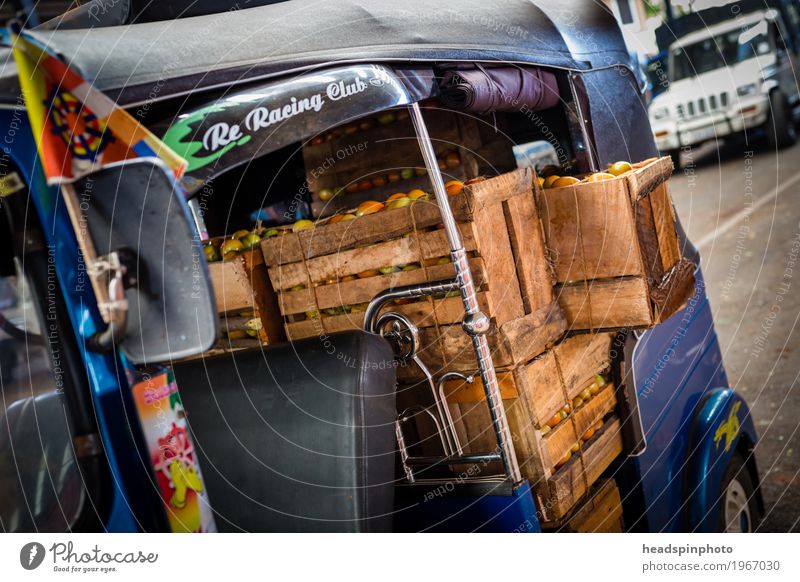 Holzkisten mit Tomaten in einem TukTuk Gemüse Nutzpflanze Kandy Sri Lanka Marktplatz Güterverkehr & Logistik Tuc-Tuc Essen fahren kaufen grün rot Business