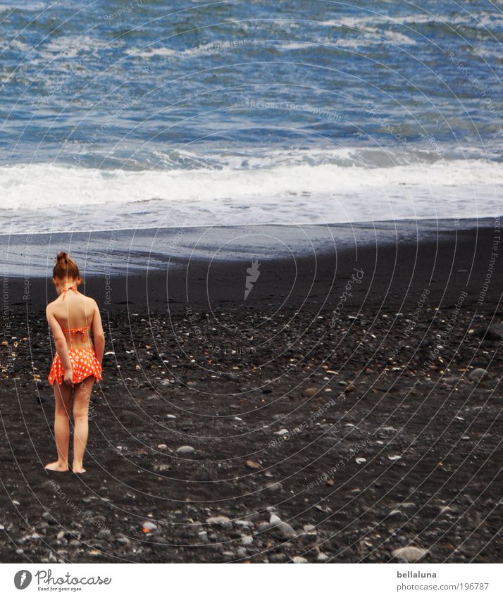 Schatzsuche Mensch Kind Mädchen Kindheit Leben 1 3-8 Jahre gehen stehen träumen Strand schwarzer Sand Lavastrand Lavasand Meer Atlantik Teneriffa