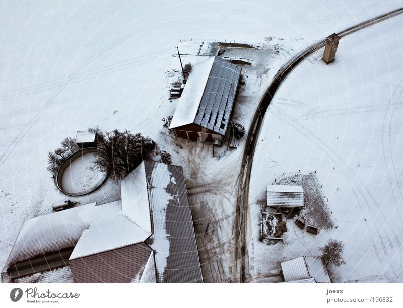 Die Siedler Winter Schnee Haus Dach Straße kalt oben unten schwarz weiß Bauernhof Schneelandschaft Vogelperspektive Farbfoto Gedeckte Farben Außenaufnahme