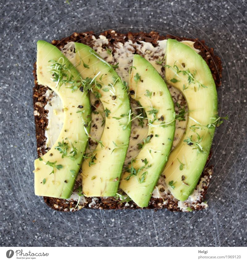 Avocadobrot Lebensmittel Frucht Brot Kräuter & Gewürze Kresse Schwarzbrot Ernährung Vegetarische Ernährung Schneidebrett Kunststoff liegen außergewöhnlich