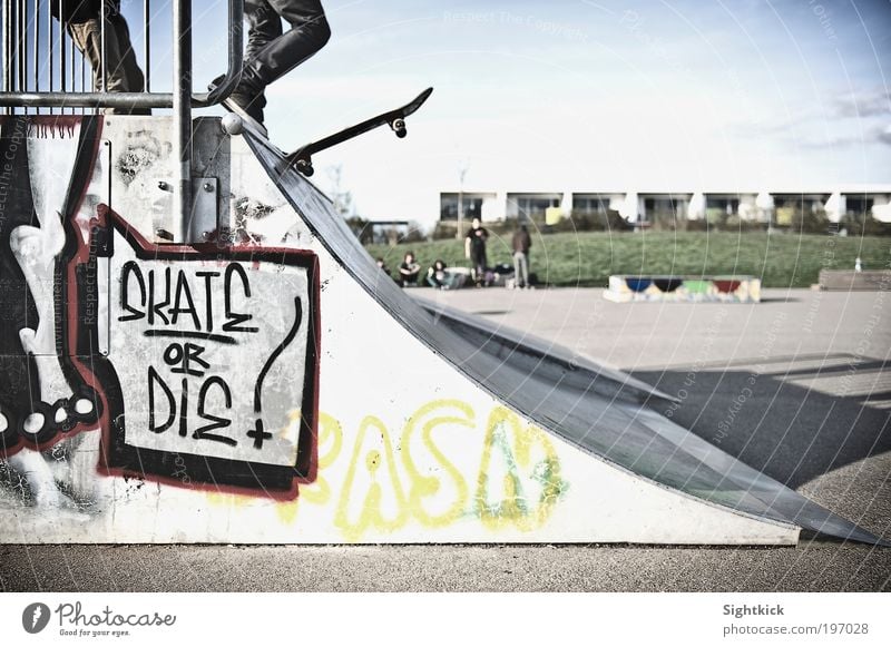 Skate Or Die Lifestyle Freizeit & Hobby Skateboard Skateboarding Halfpipe Mensch Jugendliche Graffiti Sportpark Farbfoto Außenaufnahme Textfreiraum rechts