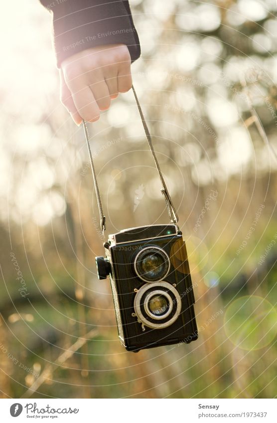 Fotograf im Freien unter Sonne Blendung schön Sommer Fotokamera Mensch Mädchen Frau Erwachsene Hand Himmel hell niedlich retro Instagramm altehrwürdig hübsch