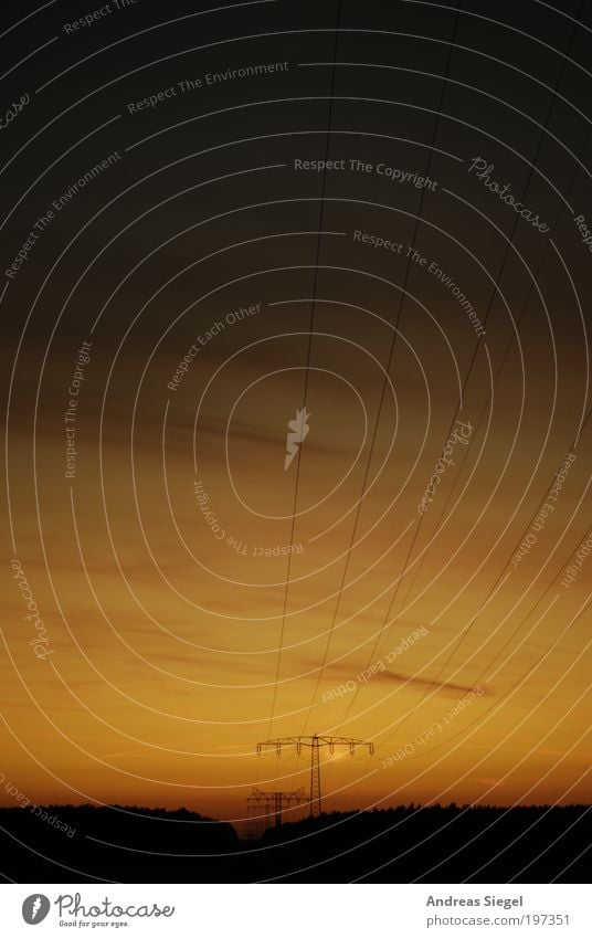 Dynamo Energiewirtschaft Hochspannungsleitung Strommast Umwelt Landschaft Himmel Wolkenloser Himmel Schönes Wetter Feld bedrohlich dunkel gelb schwarz