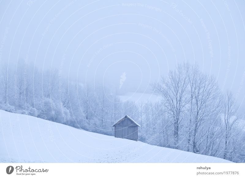 Holzhütte während des frostigen Morgens in den Alpen Ferien & Urlaub & Reisen Winter Schnee Berge u. Gebirge Haus Natur Landschaft Wetter Nebel Schneefall Baum