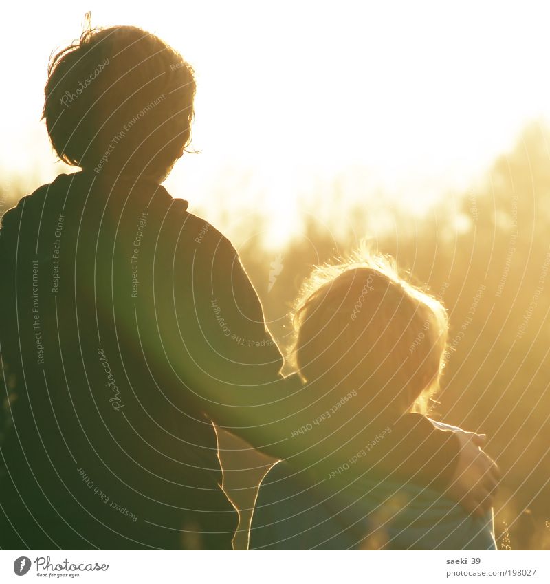 Träume Junge Geschwister Bruder Kindheit berühren Blick stehen Gefühle Stimmung Glück Lebensfreude Vertrauen Sicherheit Schutz Liebe Farbfoto Gedeckte Farben