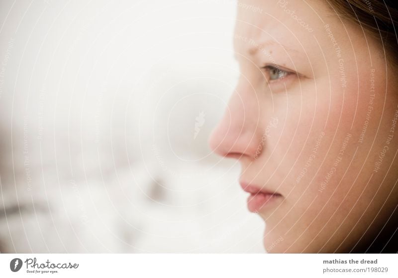 BLICK Mensch feminin Junge Frau Jugendliche 18-30 Jahre Erwachsene schlechtes Wetter Schnee Denken träumen Traurigkeit Tapferkeit selbstbewußt Kraft Sorge