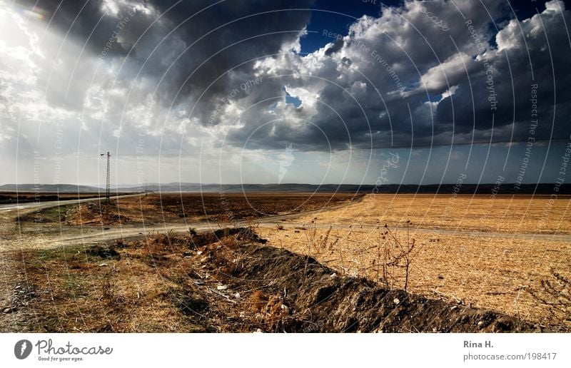 Überland Umwelt Natur Landschaft Urelemente Erde Himmel Wolken Horizont Sonnenlicht Herbst Klima Klimawandel Wetter Unwetter Wind Feld Straße Wege & Pfade