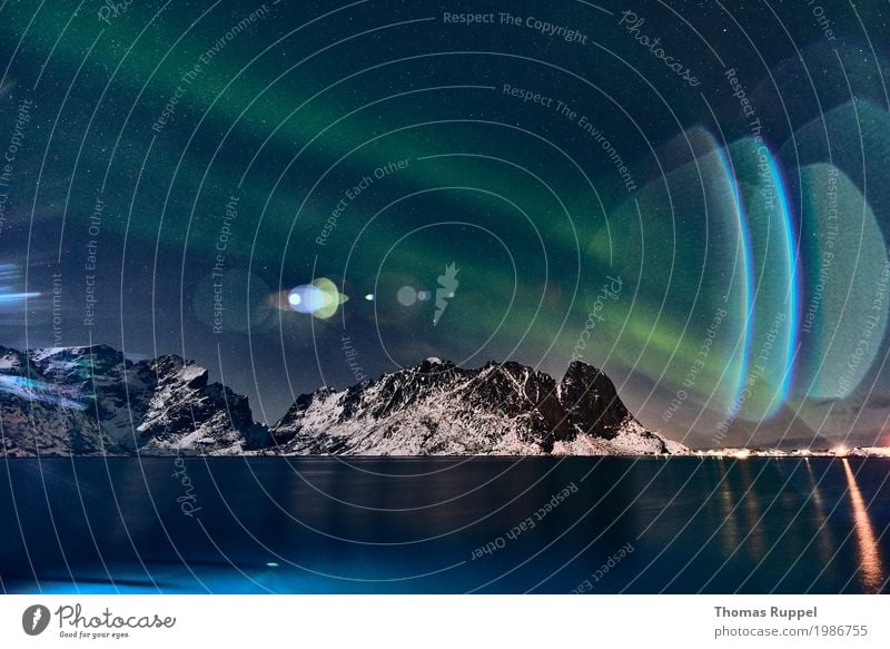 Aurora Abenteuer Meer Winter Winterurlaub Berge u. Gebirge Landschaft Wasser Himmel Nachthimmel Stern Nordlicht Gipfel Schneebedeckte Gipfel Küste Bucht Fjord