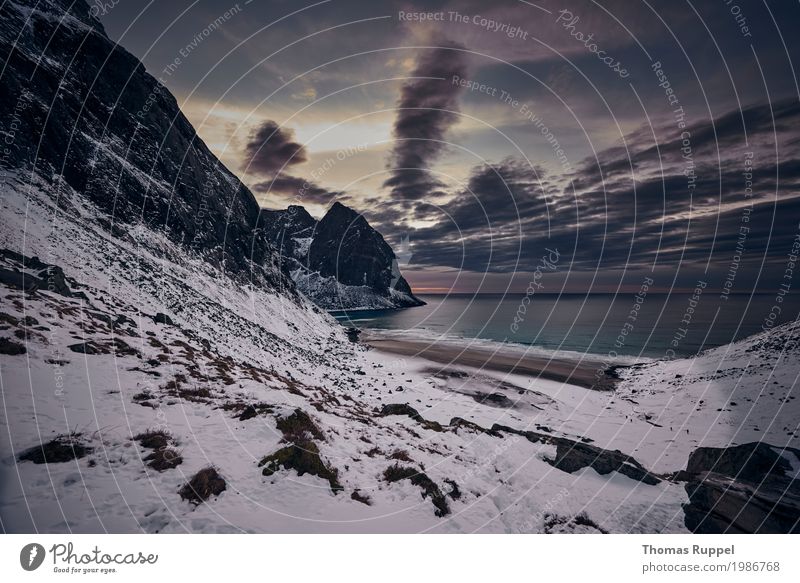 Lofoten Ferien & Urlaub & Reisen Ausflug Abenteuer Ferne Freiheit Natur Landschaft Wasser Himmel Wolken Sonnenaufgang Sonnenuntergang Sonnenlicht Winter Wetter