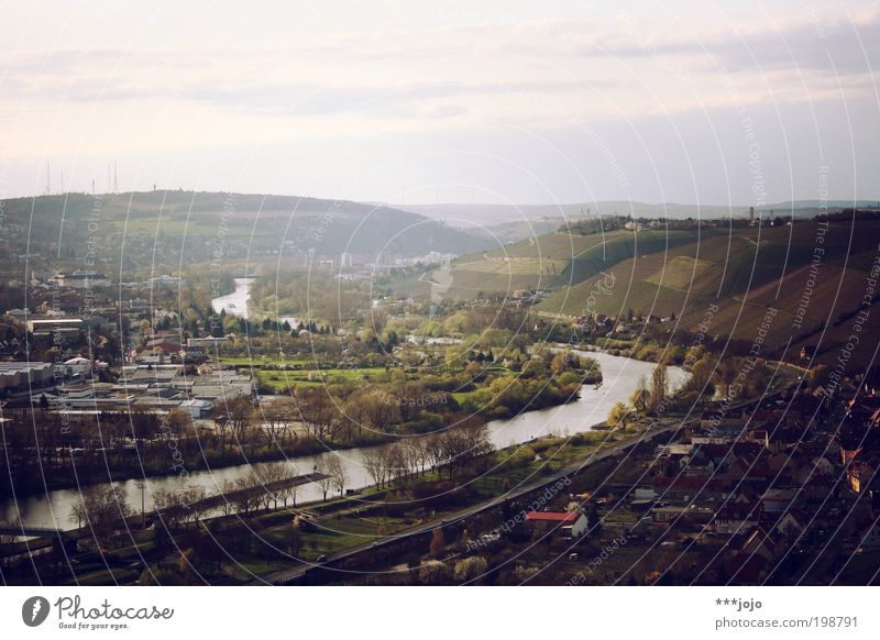 mainfranken. Landschaft Schönes Wetter Feld Hügel Flussufer Main ruhig Deutschland Franken Würzburg Dorf Dorfidylle Aussicht Flußauen Tal Kulturlandschaft Wein