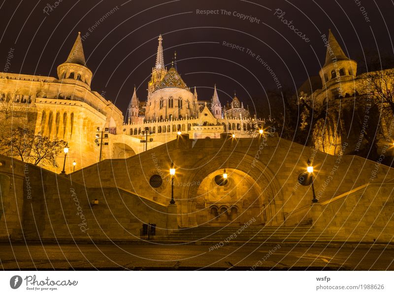 Fisherman's Bastion Ungarn Budapest bei Nacht Tourismus Stadt Architektur historisch Fischerbastei kirche ungarn Beleuchtung schloss Großstadt Donau reisen