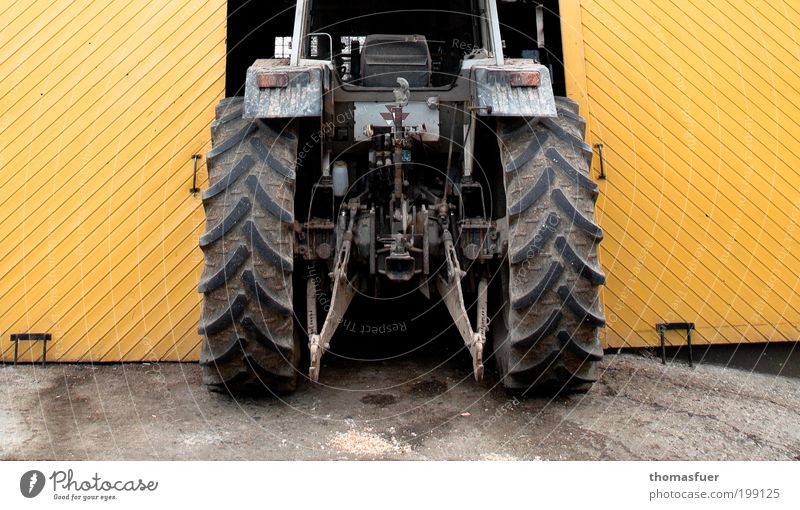 Eingeklemmt - oder Bauernopfer Garagentor Arbeit & Erwerbstätigkeit Arbeitsplatz Landwirtschaft Forstwirtschaft Feierabend Dorf Stall Tor parken Traktor gelb