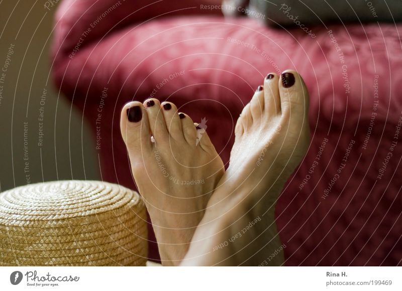 Siesta Nagellack Zufriedenheit Erholung ruhig Meditation Sommer feminin Frau Erwachsene Leben Fuß Hut liegen schlafen träumen authentisch Glück positiv Wärme