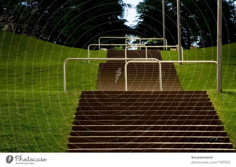 Im Park Treppe aufsteigen Barriere Stadt Langzeitbelichtung Schranke Grenze Menschenleer Karriere Wiese Gras grün Hügel Reihe Hürde