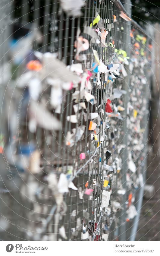 Überbleibsel Menschenleer Zaun Absperrgitter Klebeband Papier Schnipsel mehrfarbig Vergänglichkeit Plakatwand plakatiert Rest Papiermüll Farbfoto Außenaufnahme