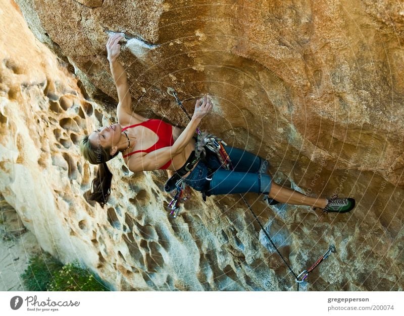 Weibliche Klettererin, die sich an eine Klippe klammert. Abenteuer Klettern Bergsteigen Seil Junge Frau Jugendliche 18-30 Jahre Erwachsene hängen sportlich hoch