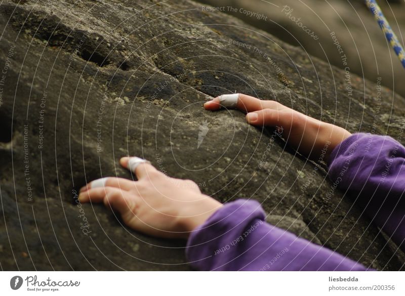 Freiheit hoch hinaus Klettern Bergsteigen Mensch Hand Erde Felsen Vertrauen Abenteuer Farbfoto Detailaufnahme Textfreiraum unten Textfreiraum Mitte Finger