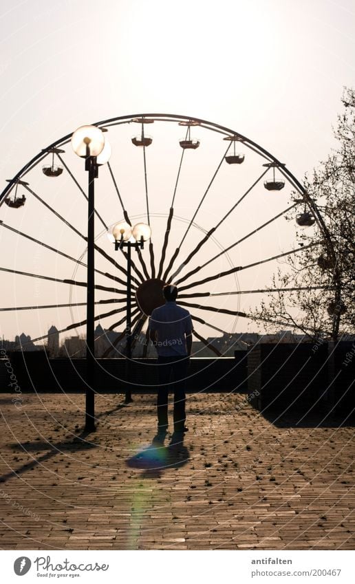 Der Mann und das Riesenrad Freude Sommer Sonne Jahrmarkt maskulin Erwachsene 1 Mensch Himmel Wolkenloser Himmel Sonnenlicht Schönes Wetter Düsseldorf Stadtrand