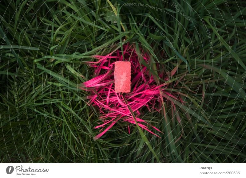 Markierung Baustelle Gras Holz Zeichen Schilder & Markierungen leuchten rosa planen skurril Wandel & Veränderung Grenze Orientierung Farbfoto Außenaufnahme