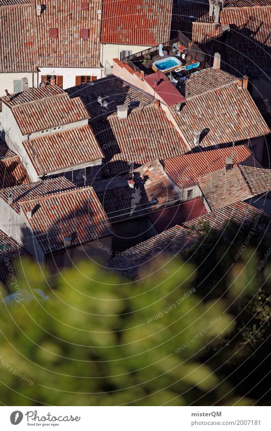 Dachpool. Kunst ästhetisch Backstein Ziegeldach ziegelrot Ziegelbauweise Schwimmbad Ferienwohnung Urlaubsfoto Urlaubsort Farbfoto mehrfarbig Außenaufnahme