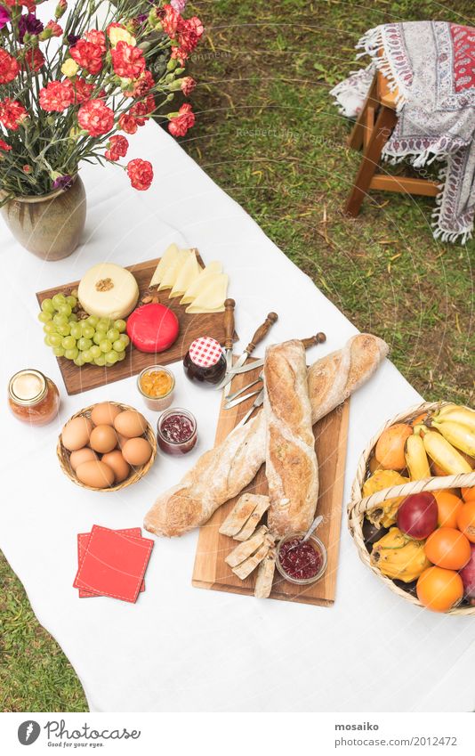 Picknick im Garten Lebensmittel Käse Frucht Brot Marmelade Ernährung Frühstück Kaffeetrinken Büffet Brunch Festessen Bioprodukte Vegetarische Ernährung