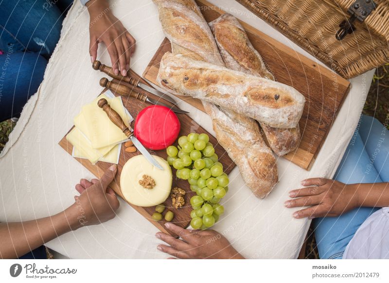 Picknick im Garten Lebensmittel Käse Frucht Teigwaren Backwaren Brot Ernährung Frühstück Kaffeetrinken Büffet Brunch Vegetarische Ernährung Sommer feminin Frau