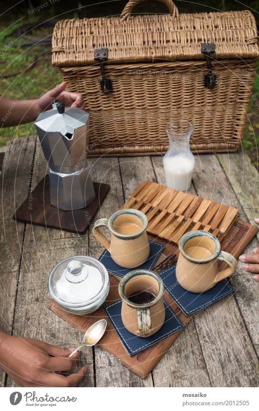 Picknick im Garten Frühstück Kaffeetrinken Diät Getränk Heißgetränk Espresso Korb Reichtum Freude Camping Sommer Mensch feminin Frau Erwachsene Hand Natur