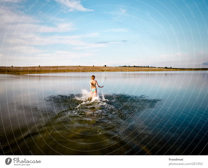 sommersee Freude Glück Mensch feminin Junge Frau Jugendliche Erwachsene Sommer Schönes Wetter Seeufer Strand Teich Schwimmen & Baden Baggersee Farbfoto