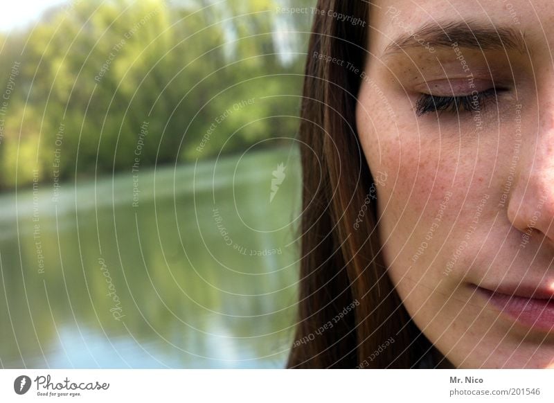 traum tag schön feminin Frau Erwachsene Haut Kopf Haare & Frisuren Gesicht Auge Nase Mund Lippen Natur Seeufer brünett langhaarig Zufriedenheit Sympathie