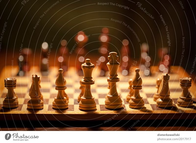 Schach II Brettspiel Denken Spielen listig Konzentration planen Taktik Schachfigur Figur Armee Kriegsschauplatz Bauernopfer Farbfoto Innenaufnahme Kunstlicht