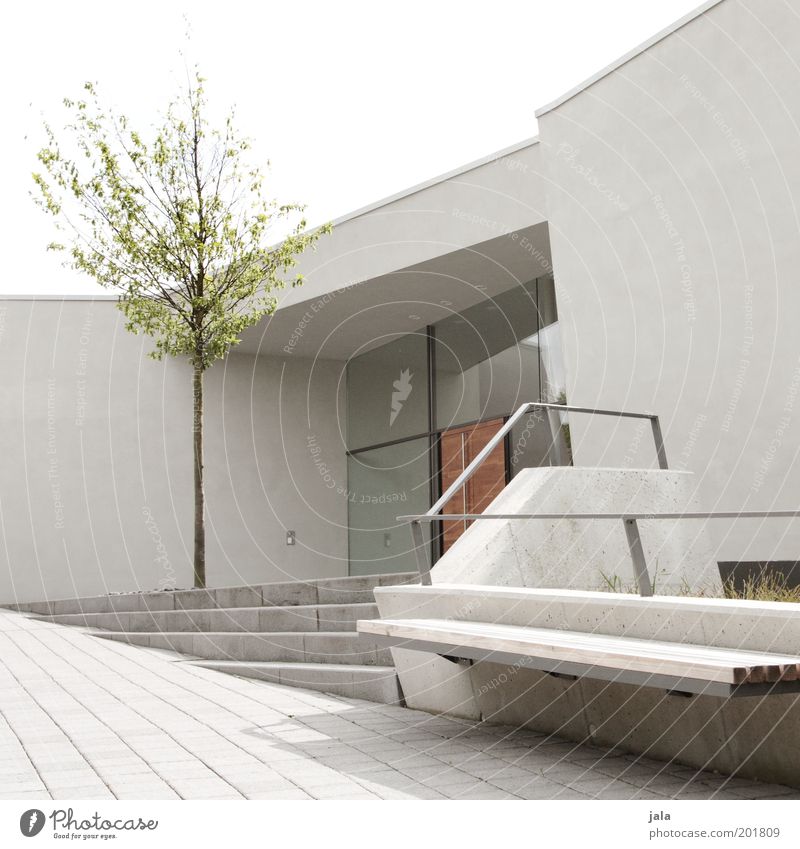 architektonisch reizvoll Himmel Baum Haus Bauwerk Gebäude Architektur Mauer Wand Treppe Fenster Tür Bank ästhetisch hell modern Farbfoto Außenaufnahme