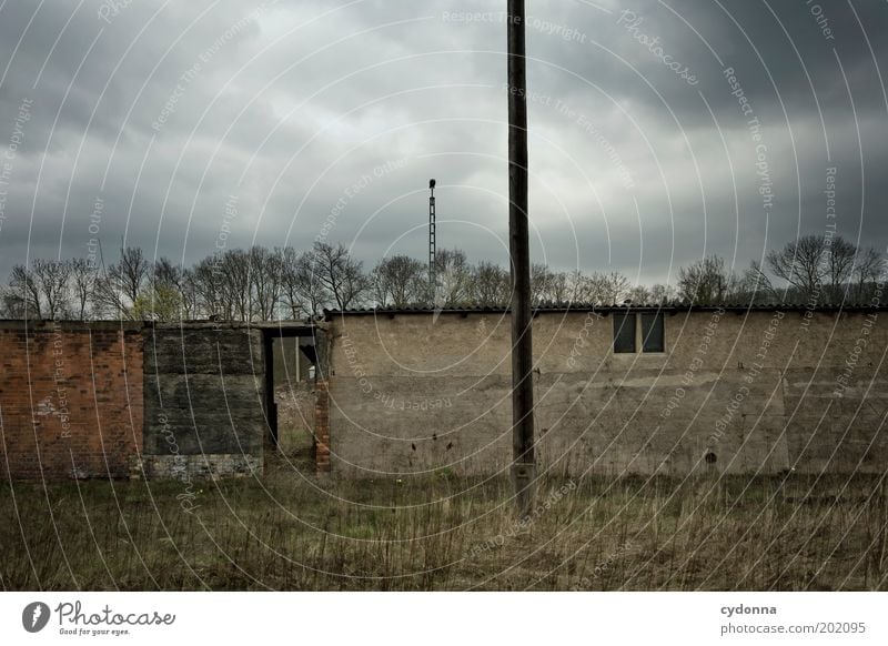 Vergangenheit Umwelt Natur Landschaft Wolken Gewitterwolken schlechtes Wetter Wiese Ruine Gebäude Mauer Wand Einsamkeit Endzeitstimmung Leben Misserfolg