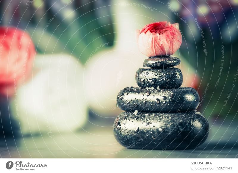 Stapel von heißen Steinen mit Blüte , Spa Wellness Hintergrund Stil Design Gesundheit Behandlung Leben Massage Natur Gesundheitswesen Basalt Zen Tropfen Blume