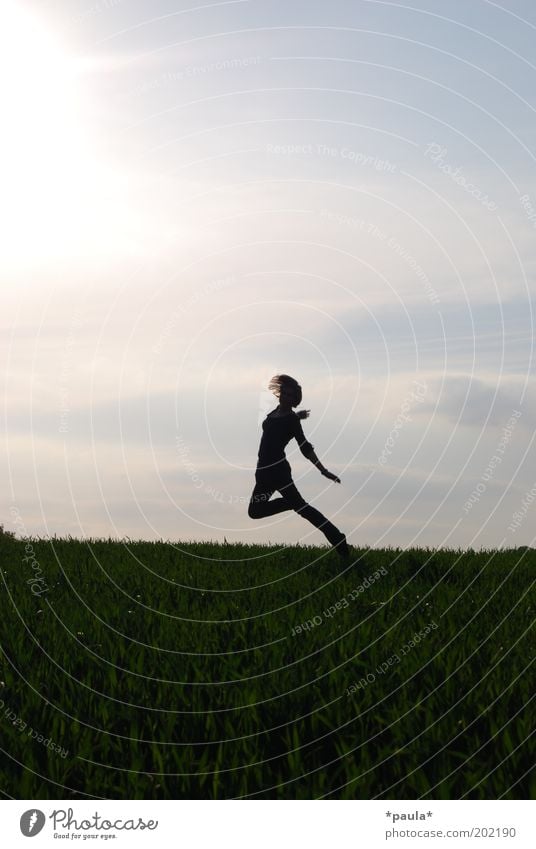 Horizonttänzerin Freude Leben Körper 1 Mensch Landschaft Himmel Sonne Wiese Feld Bewegung genießen springen leuchten Tanzen träumen ästhetisch sportlich frei