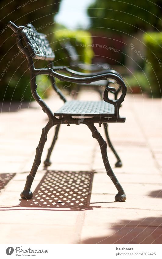 Ein Platz in der Sonne Kleinstadt Menschenleer Park Terrasse Bank Sitzgelegenheit Stimmung Eisen Ruhepunkt ruhen Farbfoto Außenaufnahme Tag Sonnenlicht