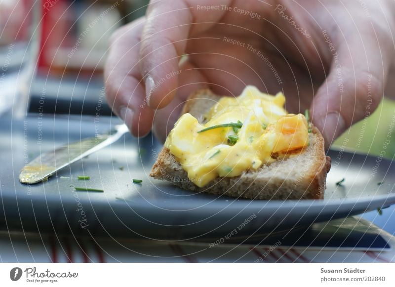 überm Tellerrand Lebensmittel Teigwaren Backwaren Brot Kräuter & Gewürze Abendessen Picknick Vegetarische Ernährung Essen lecker Eiersalat Messer Geschirr Hand