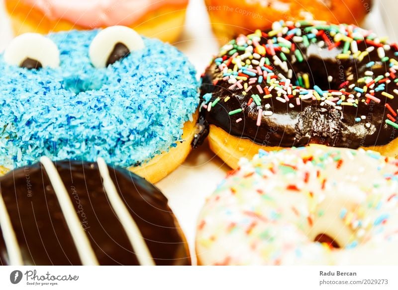 Lustige bunte Donuts im Kasten Lebensmittel Teigwaren Backwaren Dessert Süßwaren Ernährung Essen Frühstück Fastfood Fressen füttern Fröhlichkeit frisch lecker