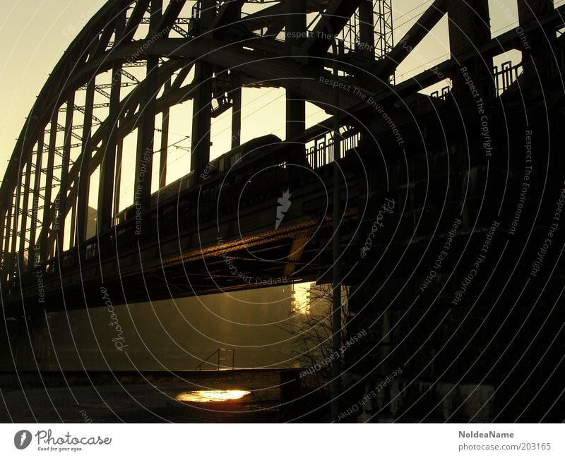 Reflektion Städtereise Brücke Schienenverkehr Eisenbahn Ferien & Urlaub & Reisen gold schwarz Frankfurt am Main Silhouette Farbfoto Außenaufnahme Dämmerung