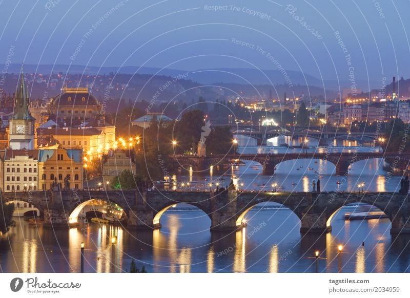 MOLDAU IN PRAG Prag Moldau Dämmerung blau Ferien & Urlaub & Reisen Reisefotografie Karlsbrücke Brücke Tschechien Nacht Beleuchtung Stadt Europa Fluss Wasser