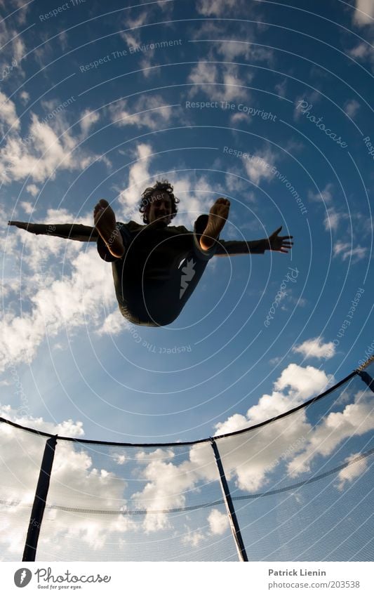 Jump around Mensch maskulin Mann Erwachsene Leben 1 18-30 Jahre Jugendliche springen hüpfen Trampolin Aktion Zaun hoch blau lachen ausgestreckt Spannung