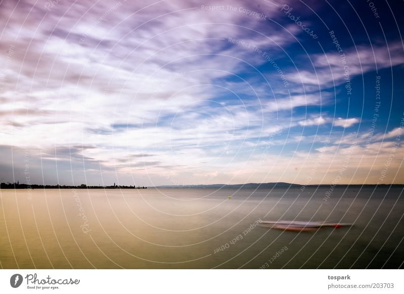 ruhiger See Ferne Sommer Natur Landschaft Urelemente Wasser Himmel Wolken Horizont Bodensee Menschenleer Erholung leuchten ästhetisch Wärme weich blau Freiheit