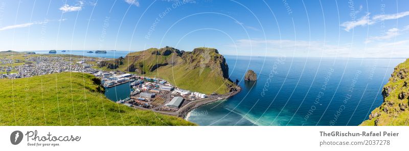 Heimaey VI Umwelt Natur Landschaft Schönes Wetter Meer blau grün türkis Island Panorama (Bildformat) Aussicht traumhaft friedlich ruhig Vulkaninsel Ausflug